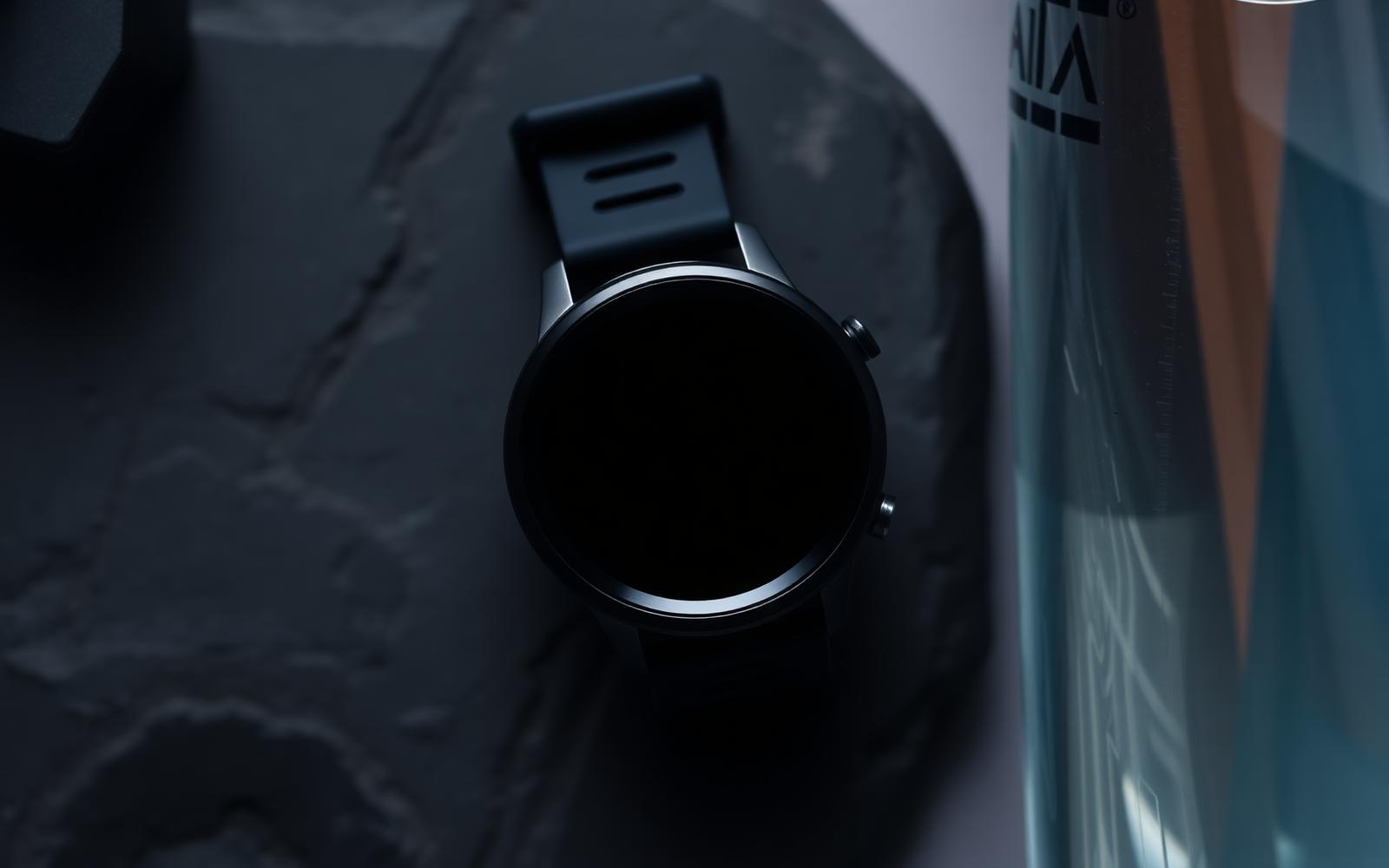 Ronde zwarte sportsmartwatch op donkere steen naast een waterfles