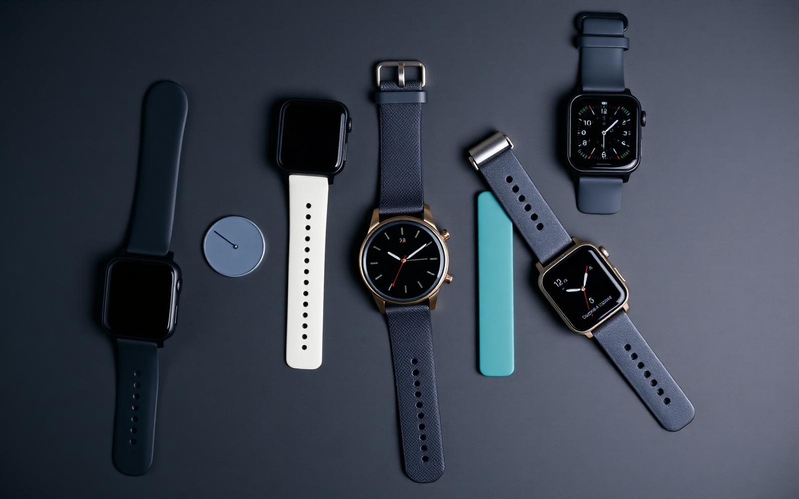 Verschillende smartwatches met uiteenlopende bandjes naast elkaar op een donkere ondergrond