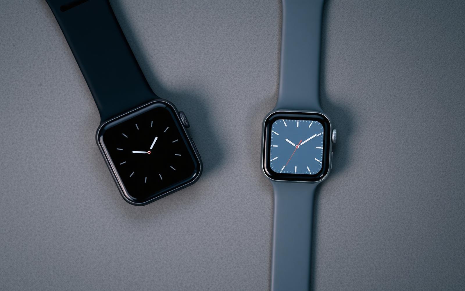 Een oudere vierkante smartwatch met dikke schermrand naast een moderner slanker model op beton