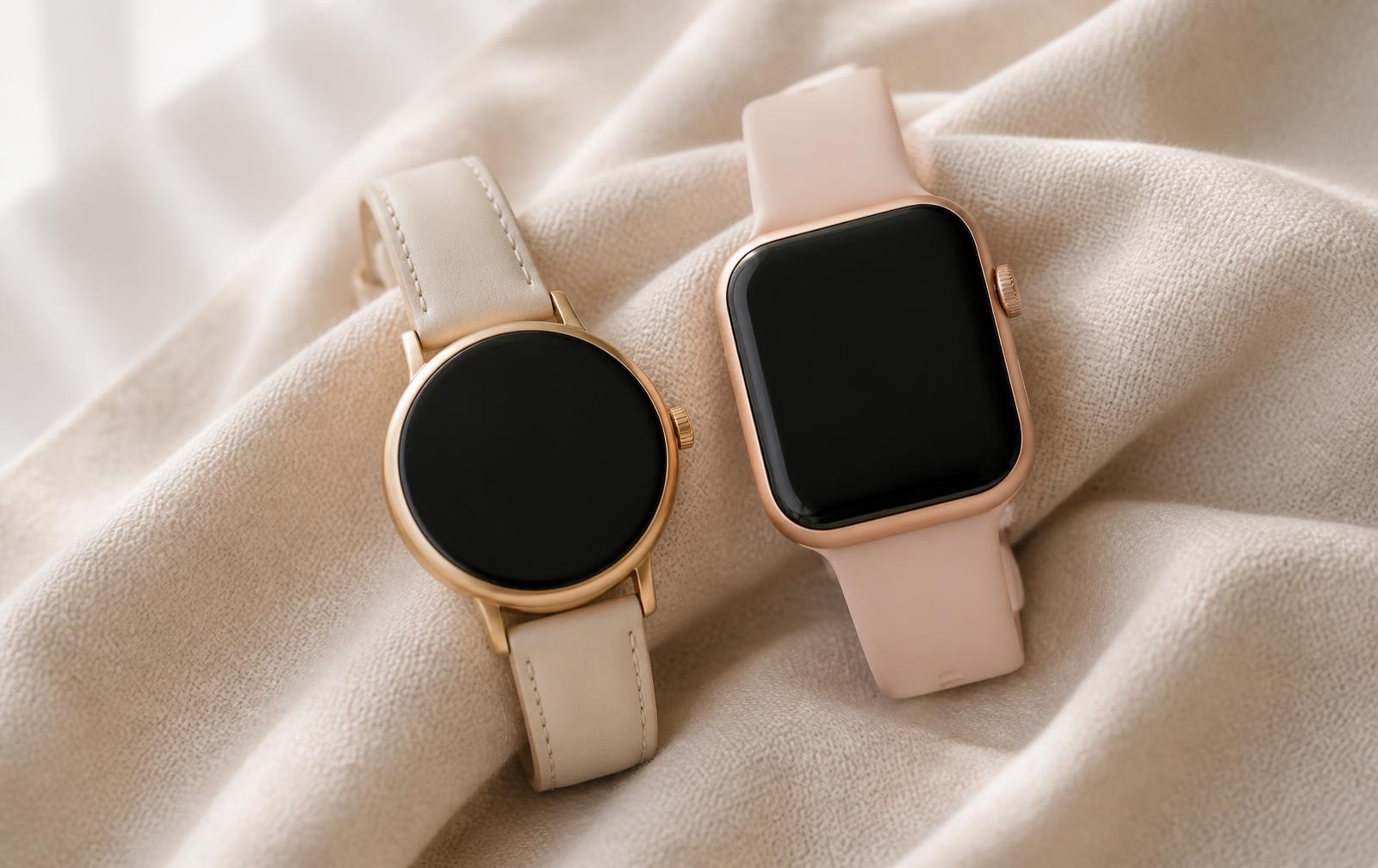 Twee slanke smartwatches in goud en rosegoud op beige linnen stof