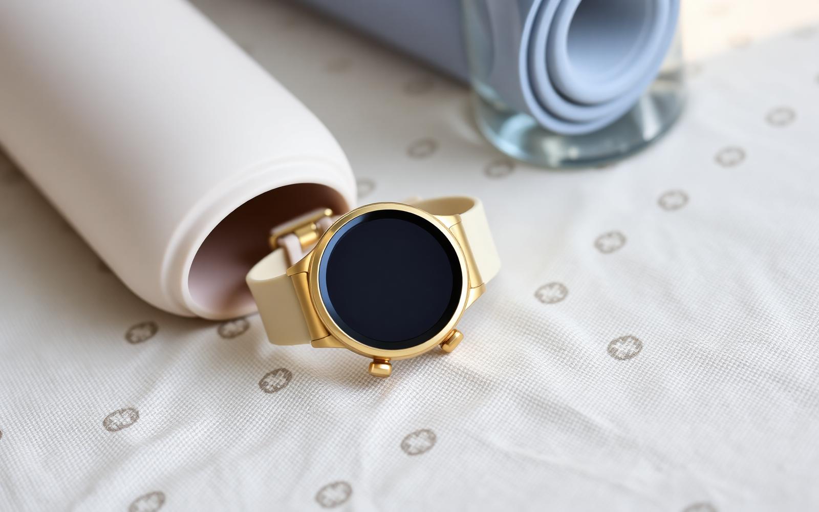 Goudkleurige ronde smartwatch naast een yogamat en waterfles in ochtendlicht